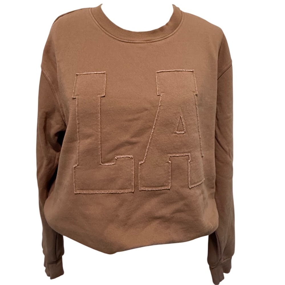 Vinyl Icons‎ Womens LA Raw Edge Applique Crewneck Sweatshirt Tan Brown Large